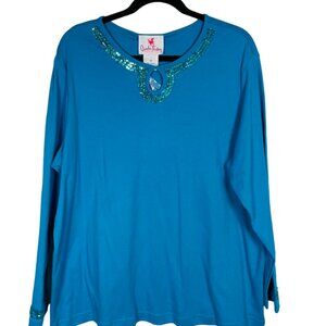 Quacker Factory NEW Womens Beaded Decoration Cotton Long Sleeve Top Size 1X Blue
